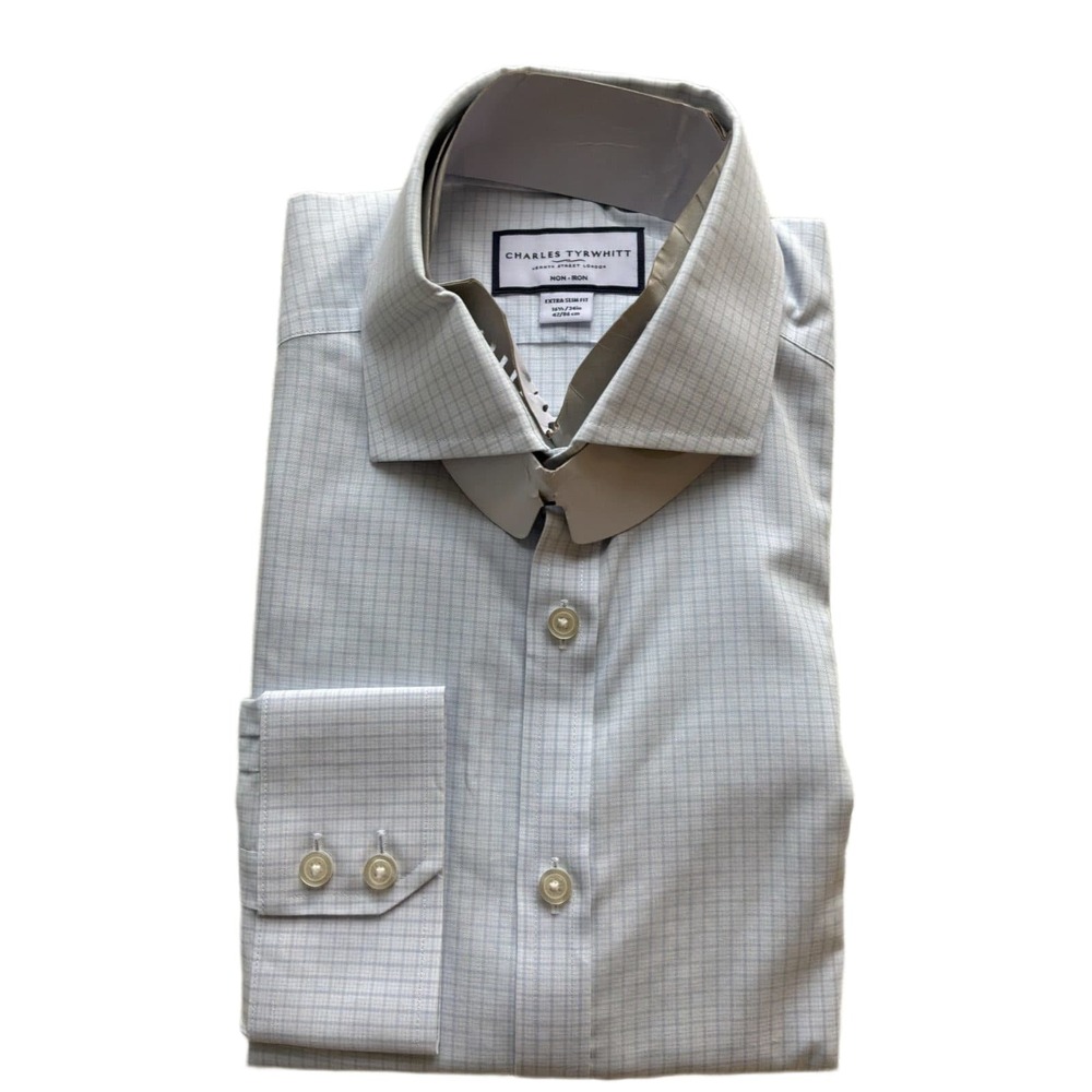 Charles Tyrwhitt Extra Slim Fit Dress Shirt 16.5/34 Ice Blue Check Non-Iron Popl